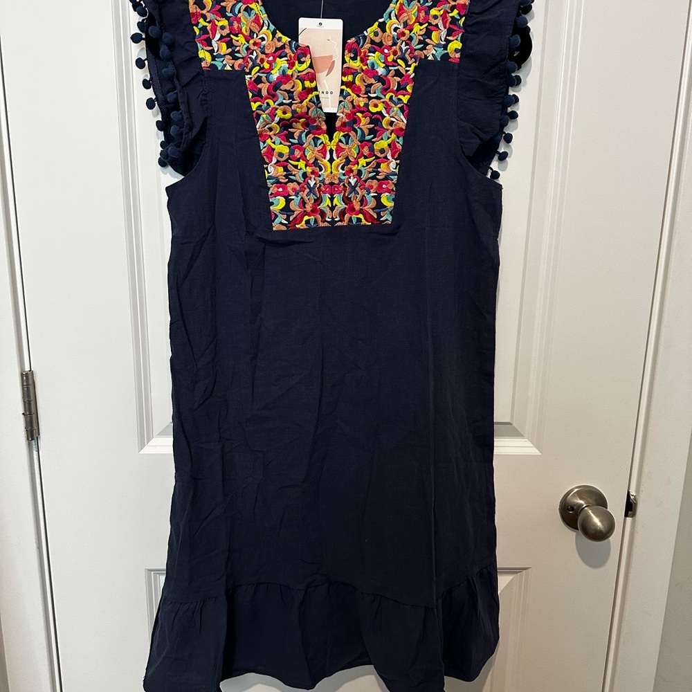 Embroidered Navy Sundress with Ruffled Flutter Sleeves. Size small.